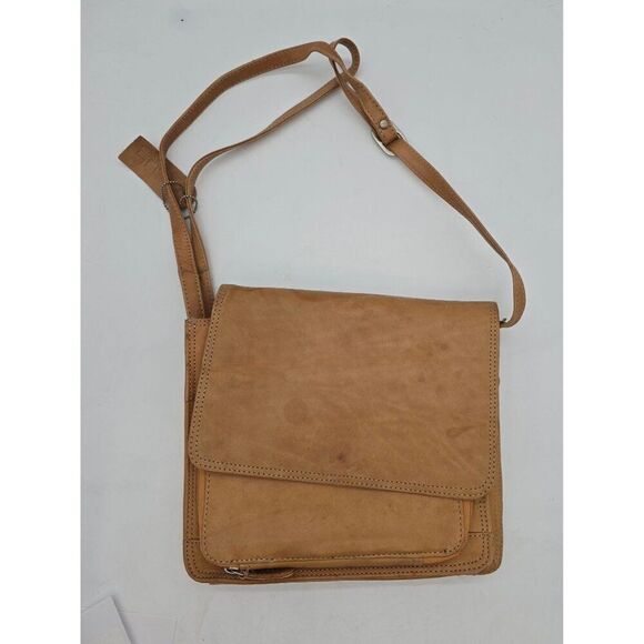 Vintage Tan Leather Crossbody Bag With Adjustable Strap & Multiple Compartments - Picture 1 of 12